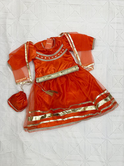 🧡 Orange Net Lehenga with Silk Choli, Net Dupatta and Silk Potli