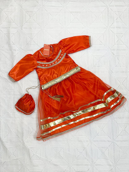 🧡 Orange Net Lehenga with Silk Choli, Net Dupatta and Silk Potli
