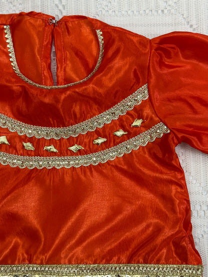 🧡 Orange Net Lehenga with Silk Choli, Net Dupatta and Silk Potli