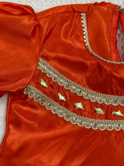 🧡 Orange Net Lehenga with Silk Choli, Net Dupatta and Silk Potli