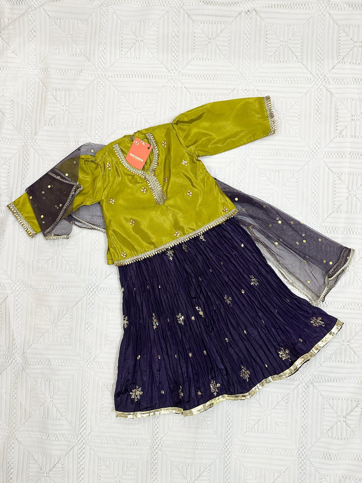 💚 Green Silk Choli with Purple Crush Silk Lehenga and Net Dupatta