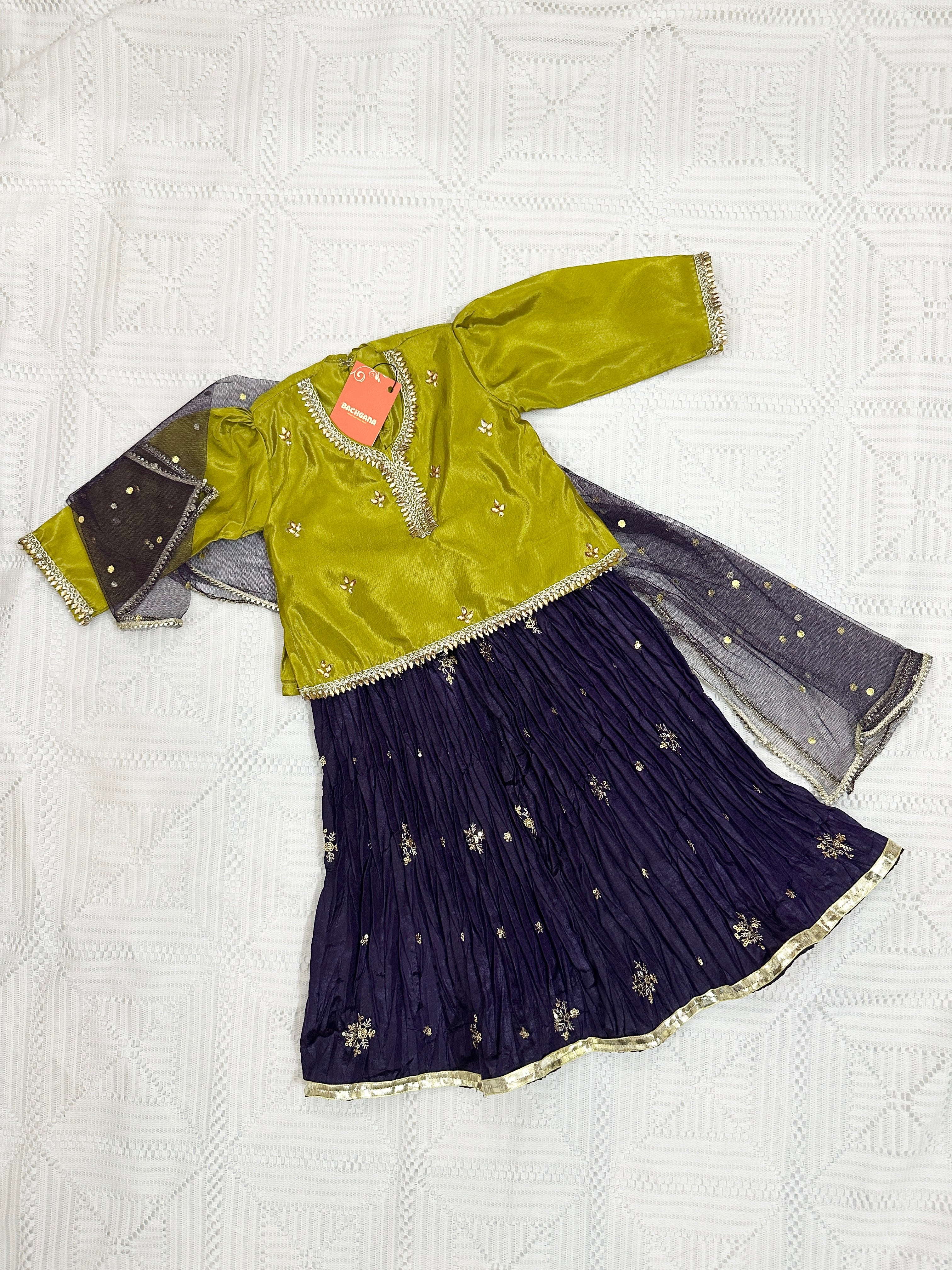 💚 Green Silk Choli with Purple Crush Silk Lehenga and Net Dupatta