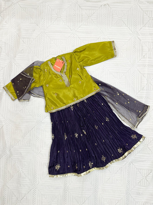 💚 Green Silk Choli with Purple Crush Silk Lehenga and Net Dupatta