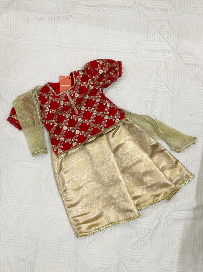 ❤️ Red Golden Fancy Organza Choli with Golden Jamawar Lehenga and Net Dupatta