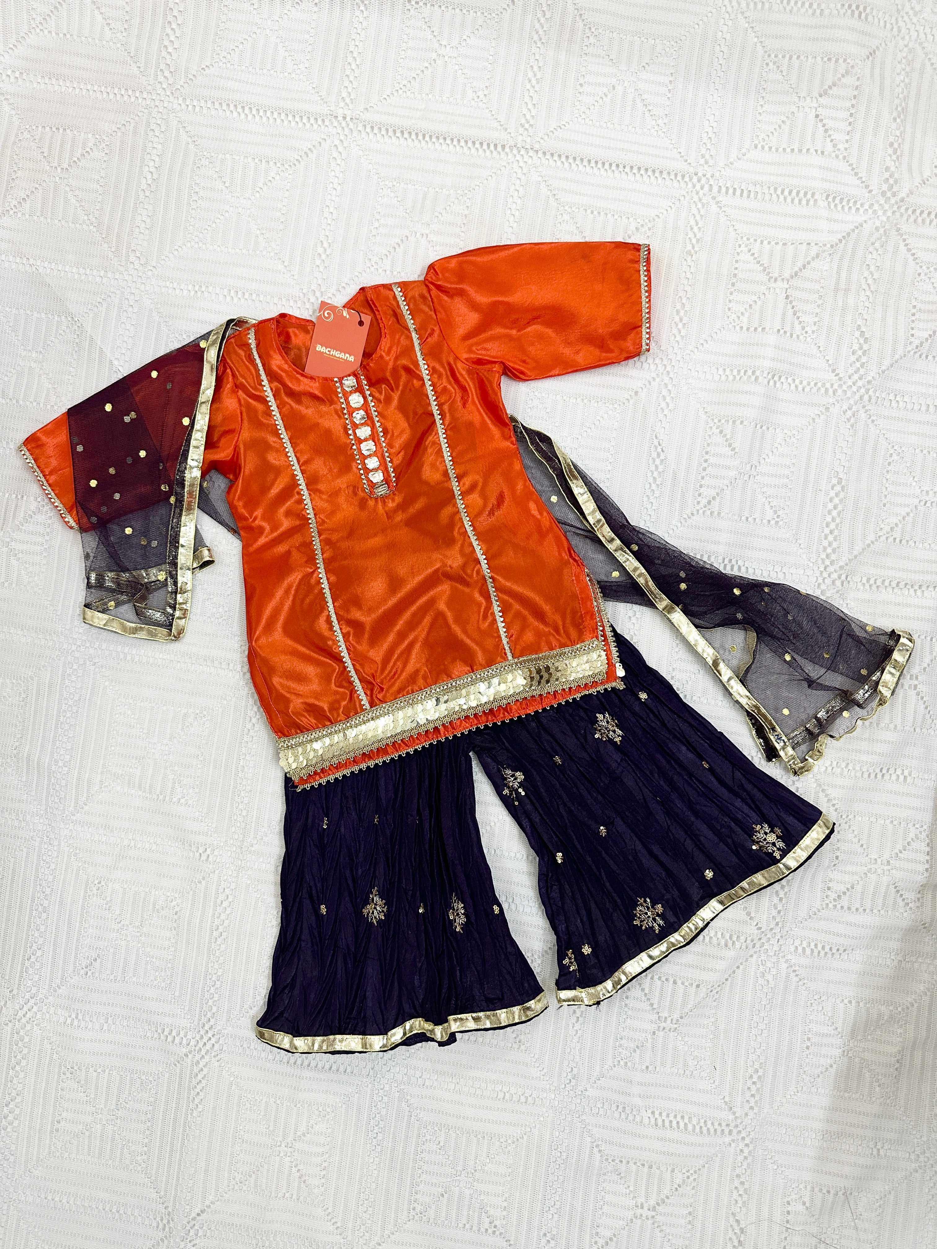 🧡 Orange Silk Shirt with Purple Crush Silk Sharara and Net Dupatta