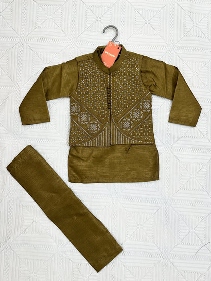 Mustard Green Kurta Shalwar with Fancy Waistcoat