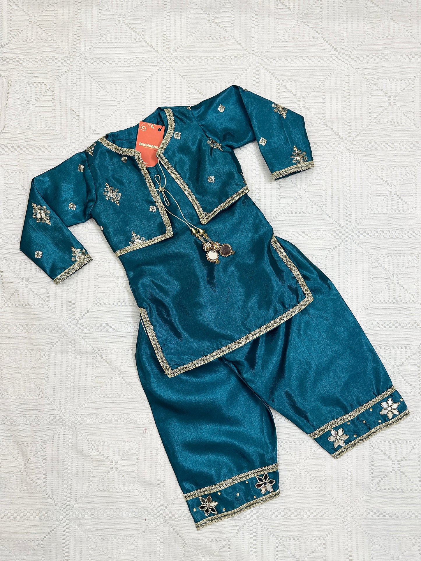 💚 Sea Green Silk Fancy Koti with Inner and Farshi Shalwar