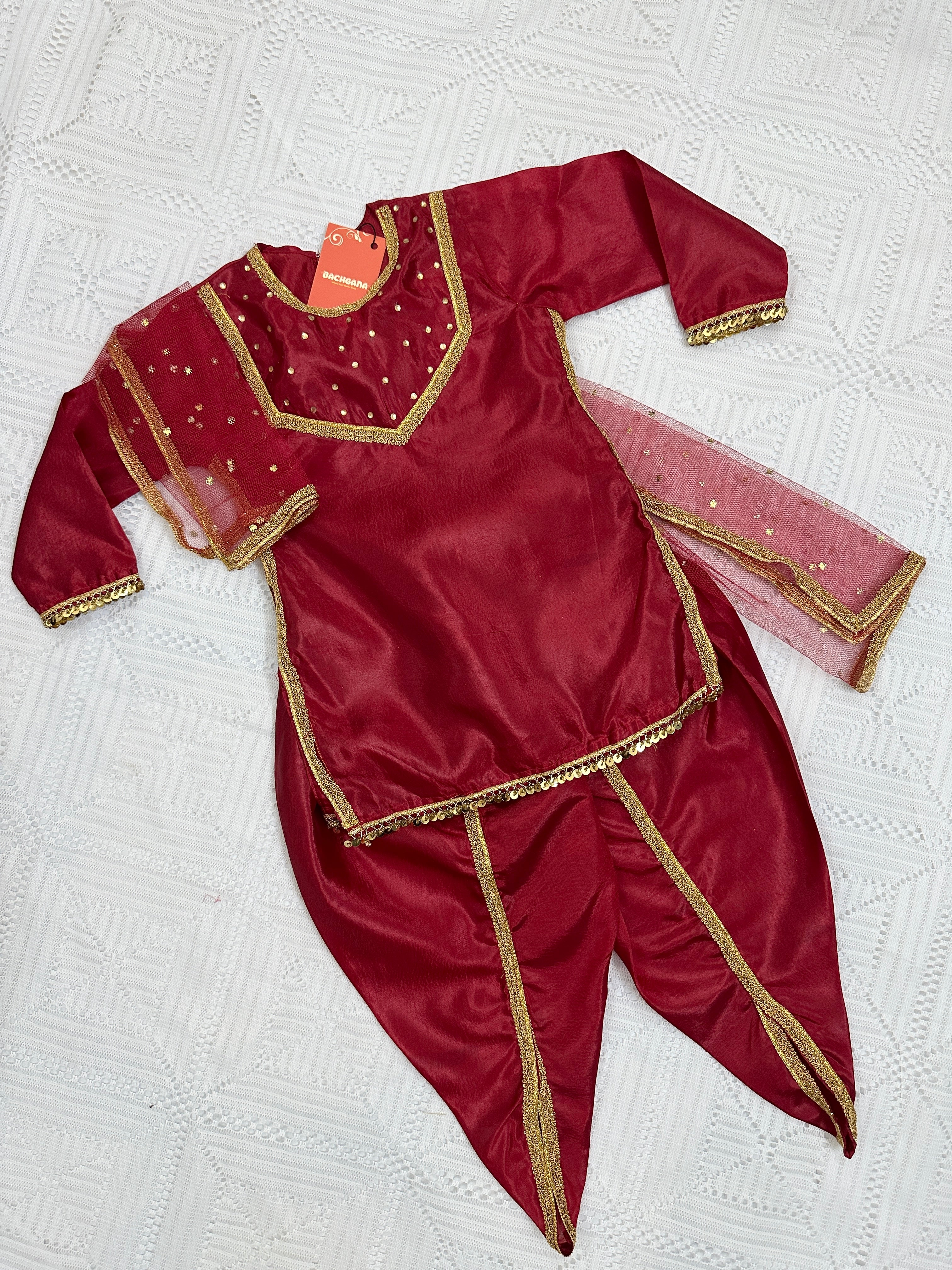 ❤️ Maroon Silk Shirt with Tulip Shalwar and Net Dupatta