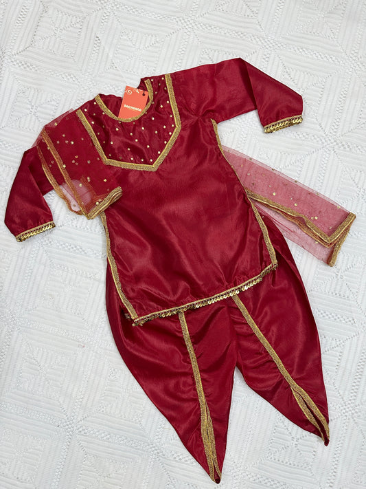 ❤️ Maroon Silk Shirt with Tulip Shalwar and Net Dupatta