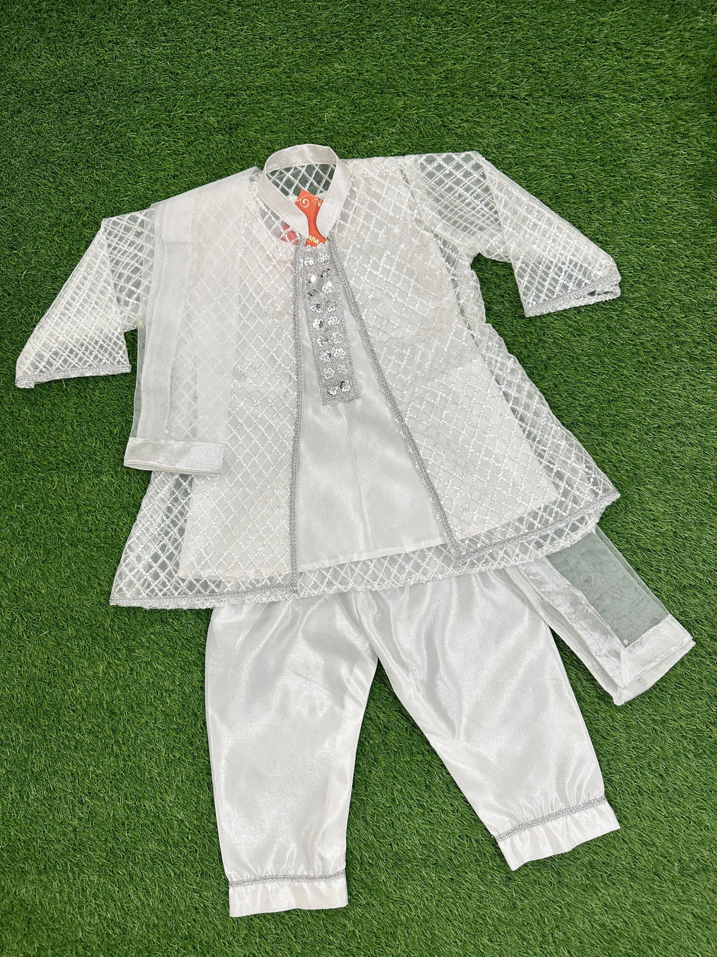 ✧ White Silver Net Sequin Gown with Silk Inner, Trouser & Net Dupatta