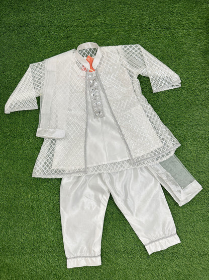 ✧ White Silver Net Sequin Gown with Silk Inner, Trouser & Net Dupatta