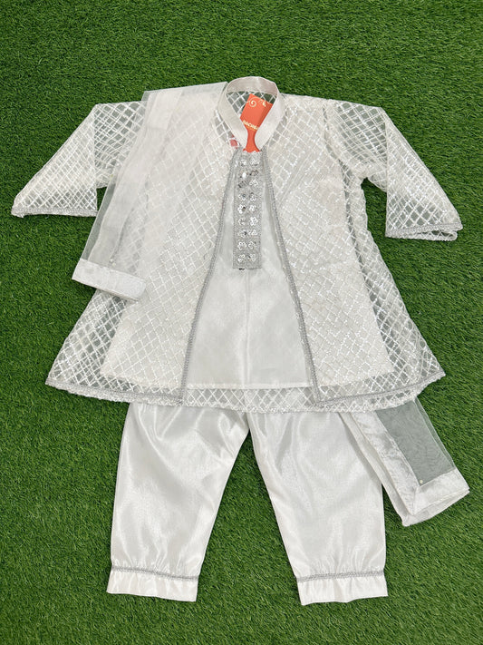✧ White Silver Net Sequin Gown with Silk Inner, Trouser & Net Dupatta