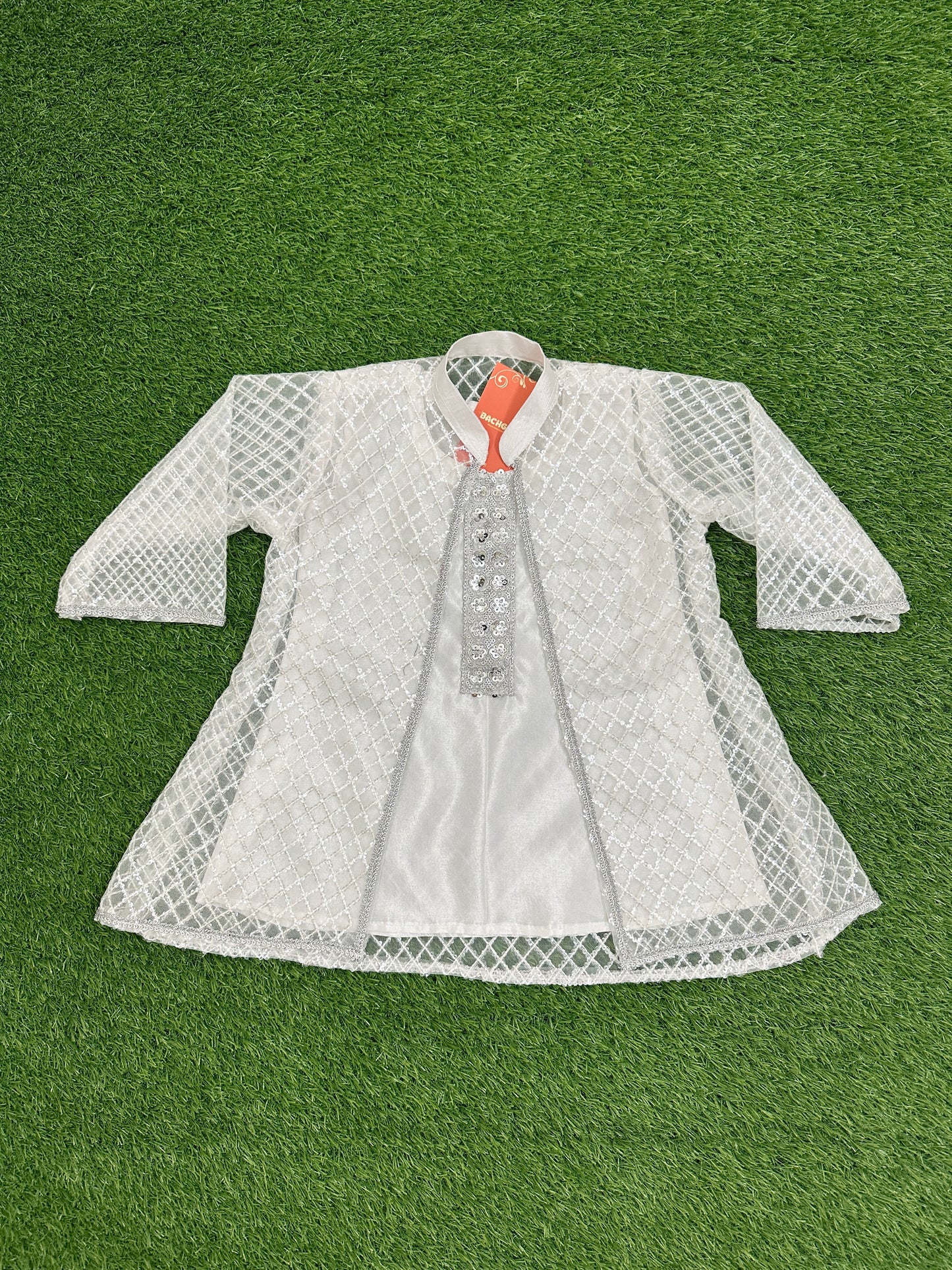 ✧ White Silver Net Sequin Gown with Silk Inner, Trouser & Net Dupatta