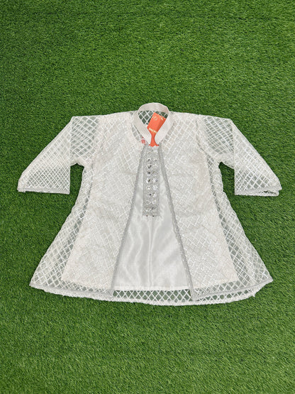 ✧ White Silver Net Sequin Gown with Silk Inner, Trouser & Net Dupatta