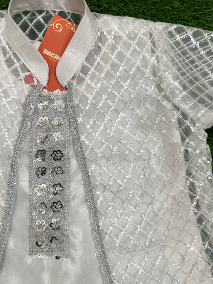 ✧ White Silver Net Sequin Gown with Silk Inner, Trouser & Net Dupatta