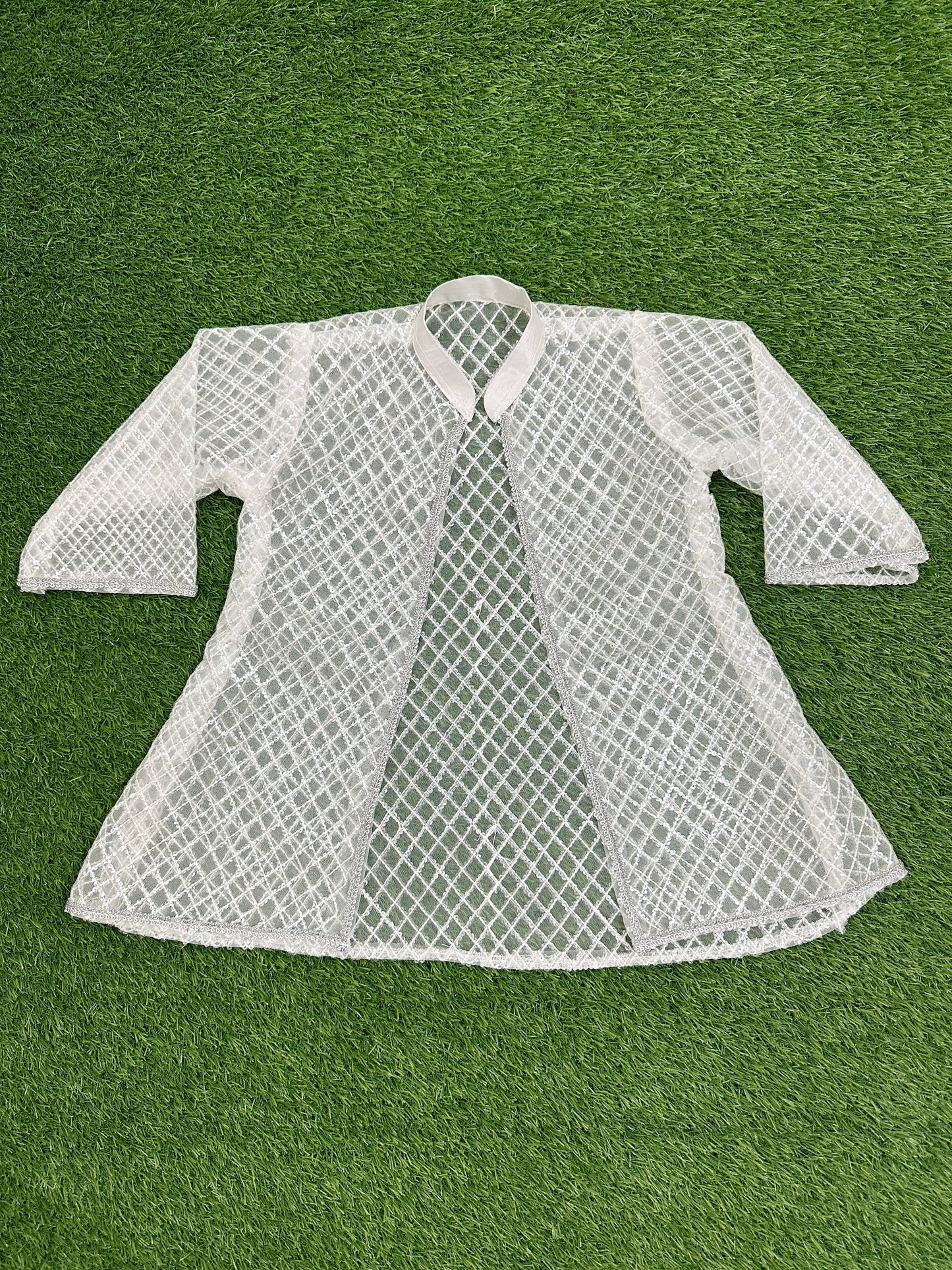 ✧ White Silver Net Sequin Gown with Silk Inner, Trouser & Net Dupatta