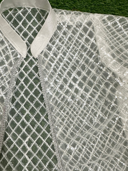 ✧ White Silver Net Sequin Gown with Silk Inner, Trouser & Net Dupatta