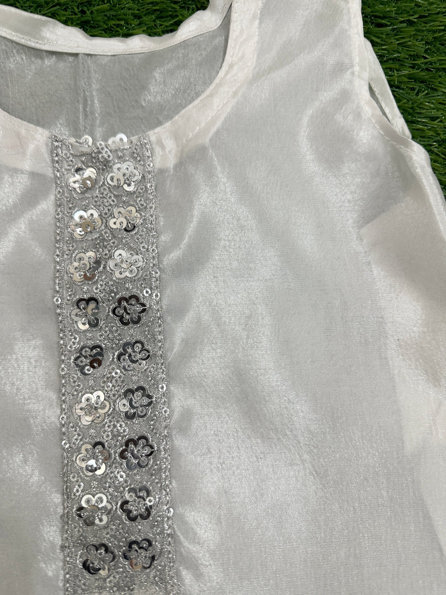 ✧ White Silver Net Sequin Gown with Silk Inner, Trouser & Net Dupatta