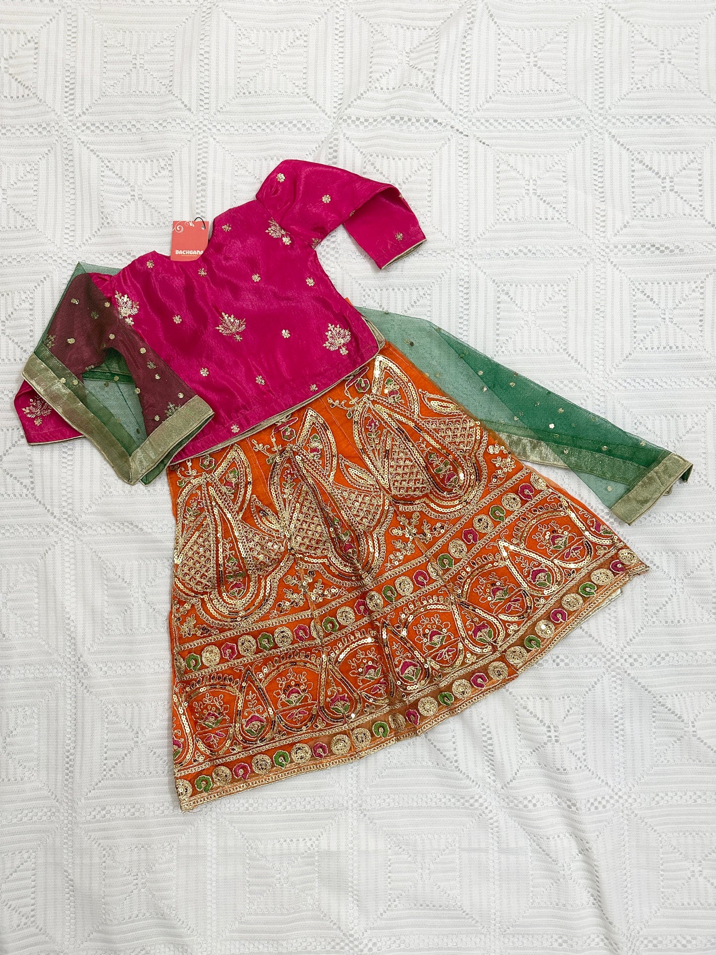🌸 Pink Silk Choli with Orange Sequin Net Lehenga and Green Net Dupatta