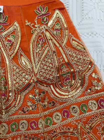 🌸 Pink Silk Choli with Orange Sequin Net Lehenga and Green Net Dupatta