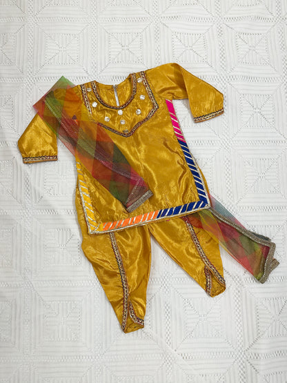 Mustard Silk Shirt with Multi-color Lace and Tulip Shalwar with Net Dupatta