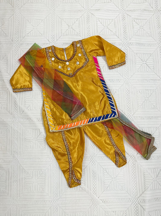 Mustard Silk Shirt with Multi-color Lace and Tulip Shalwar with Net Dupatta