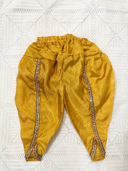 Mustard Silk Shirt with Multi-color Lace and Tulip Shalwar with Net Dupatta