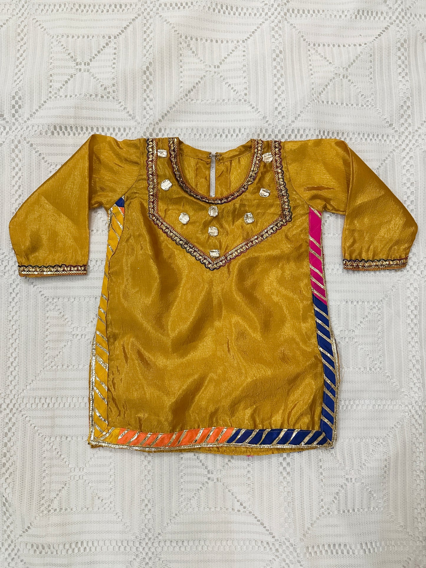 Mustard Silk Shirt with Multi-color Lace and Tulip Shalwar with Net Dupatta