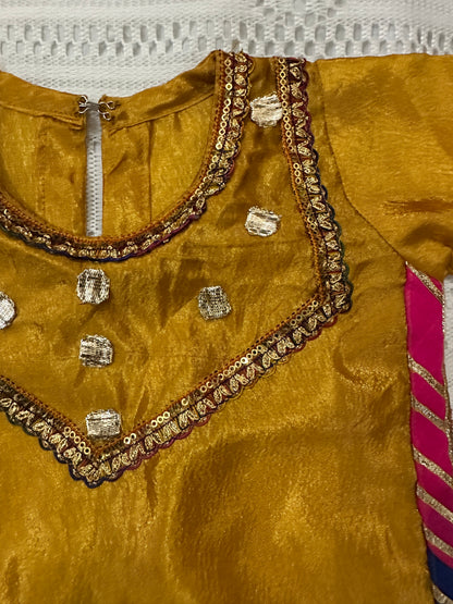 Mustard Silk Shirt with Multi-color Lace and Tulip Shalwar with Net Dupatta