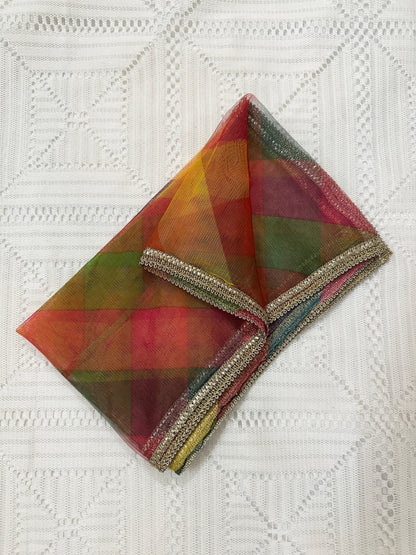 Mustard Silk Shirt with Multi-color Lace and Tulip Shalwar with Net Dupatta