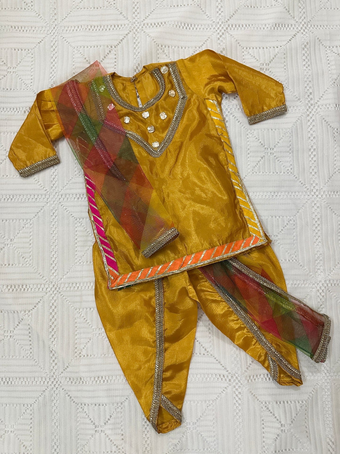 Mustard Silk Shirt with Golden Lace and Tulip Shalwar with Net Dupatta