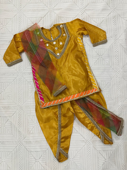 Mustard Silk Shirt with Golden Lace and Tulip Shalwar with Net Dupatta