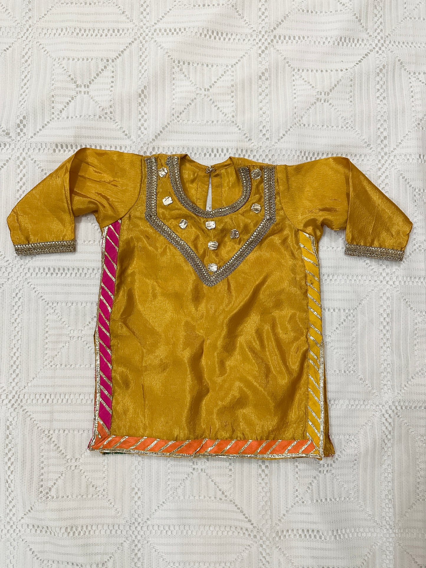 Mustard Silk Shirt with Golden Lace and Tulip Shalwar with Net Dupatta