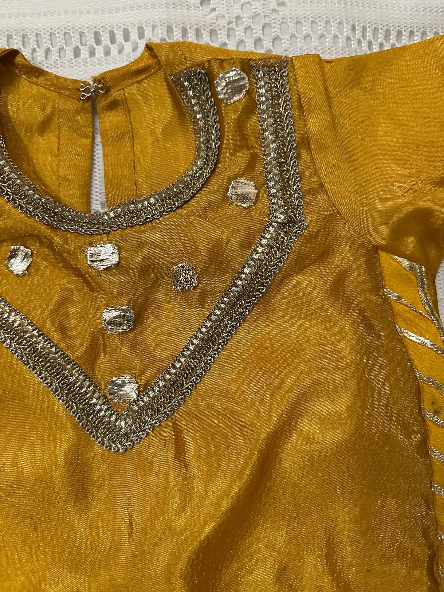 Mustard Silk Shirt with Golden Lace and Tulip Shalwar with Net Dupatta