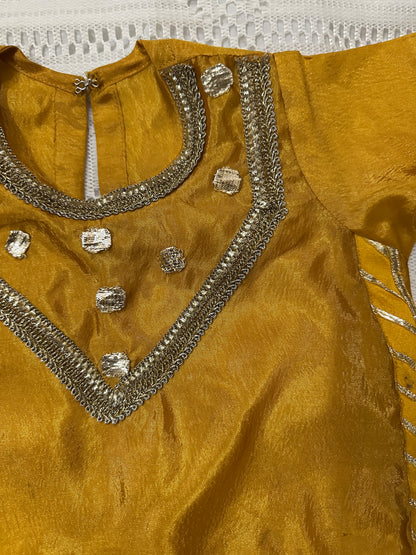 Mustard Silk Shirt with Golden Lace and Tulip Shalwar with Net Dupatta