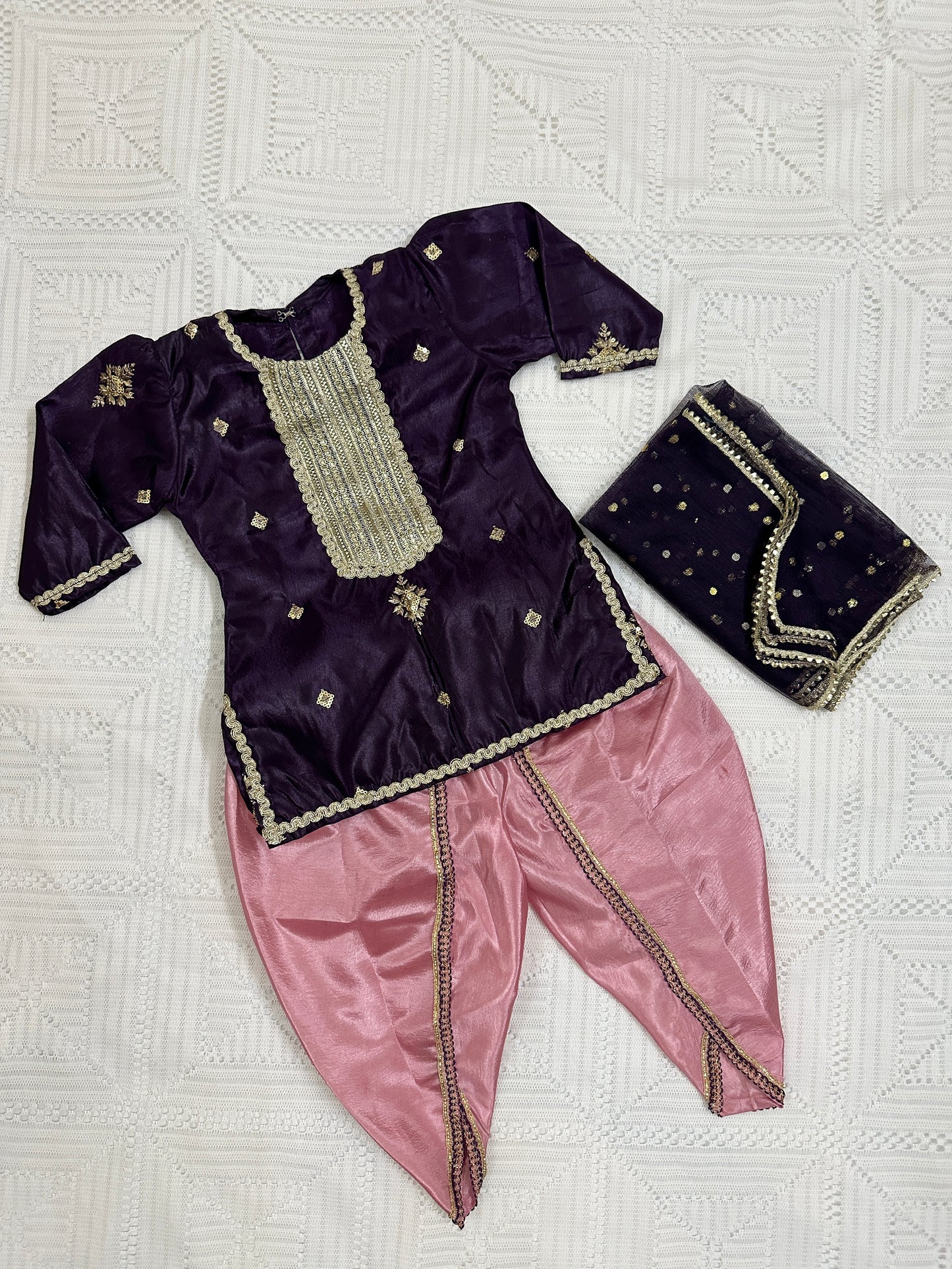 💜Purple Fancy Silk Shirt with Pink Tulip Shalwar and Net Dupatta