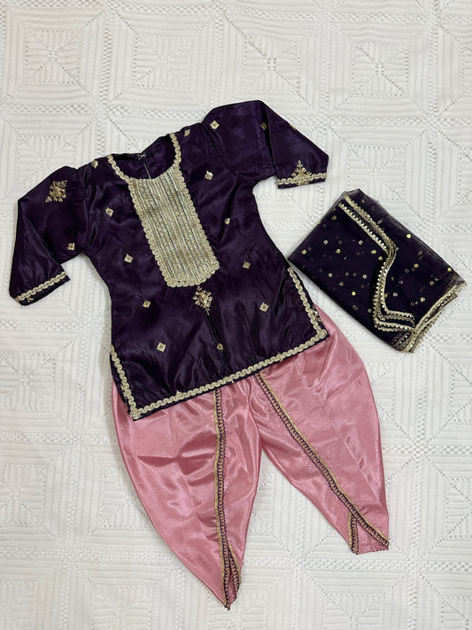 💜Purple Fancy Silk Shirt with Pink Tulip Shalwar and Net Dupatta