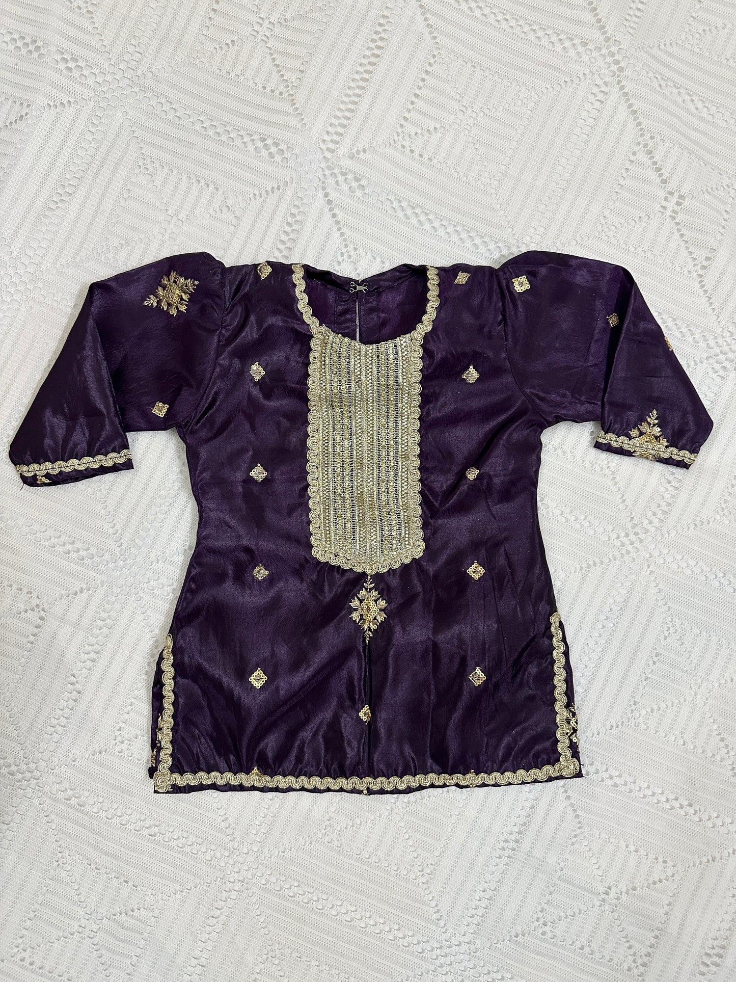 💜Purple Fancy Silk Shirt with Pink Tulip Shalwar and Net Dupatta