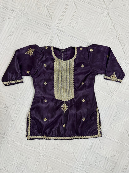 💜Purple Fancy Silk Shirt with Pink Tulip Shalwar and Net Dupatta