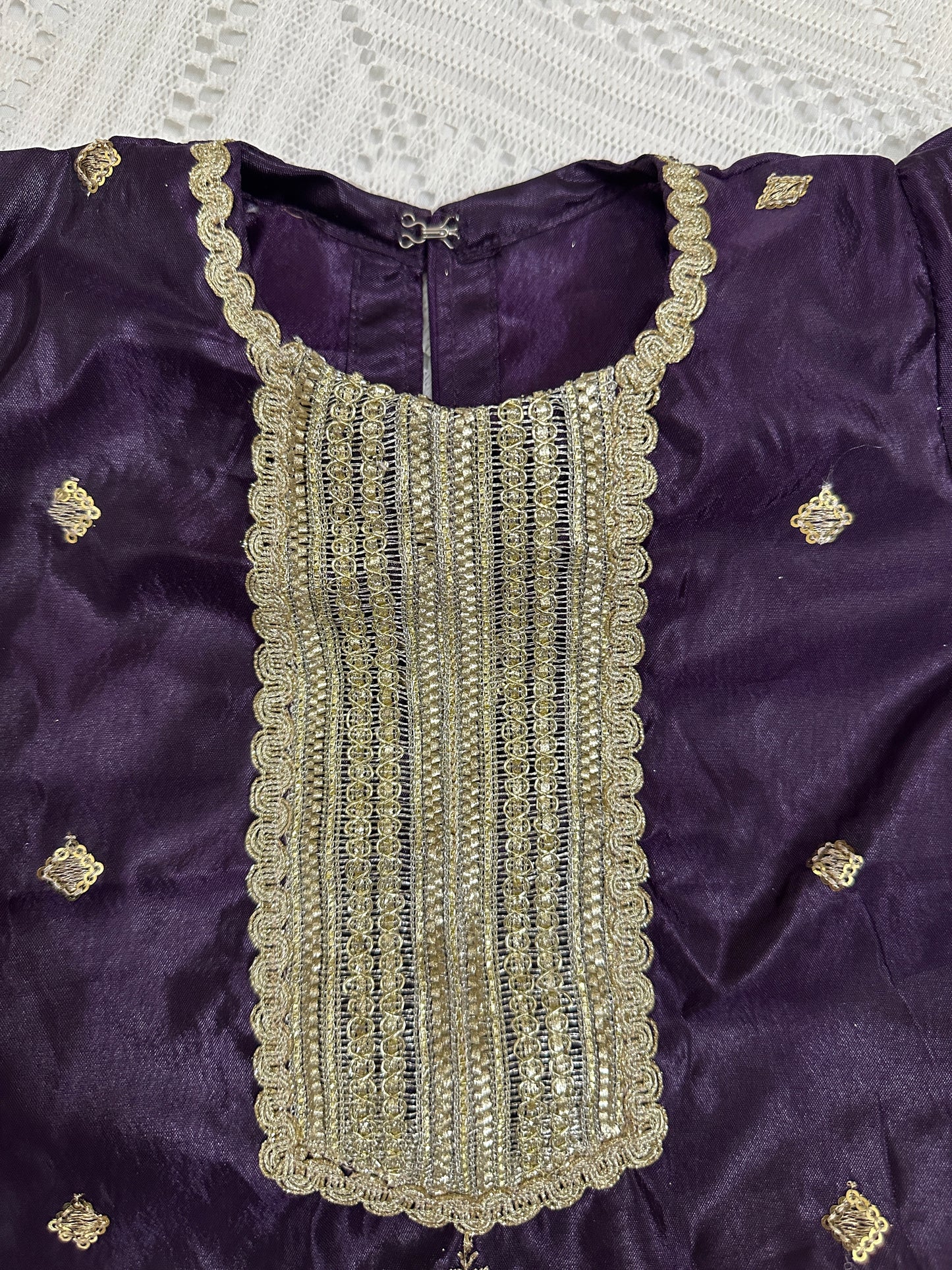 💜Purple Fancy Silk Shirt with Pink Tulip Shalwar and Net Dupatta