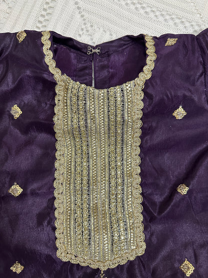 💜Purple Fancy Silk Shirt with Pink Tulip Shalwar and Net Dupatta