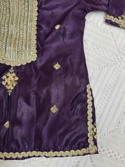 💜Purple Fancy Silk Shirt with Pink Tulip Shalwar and Net Dupatta