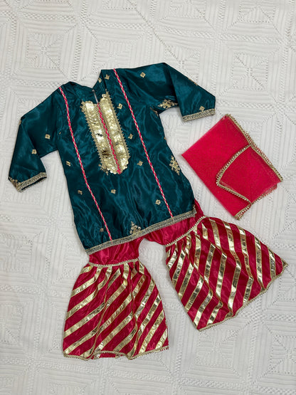 💚 Sea Green Fancy Silk Shirt with Pink Silk Gharara and Fancy Net Dupatta