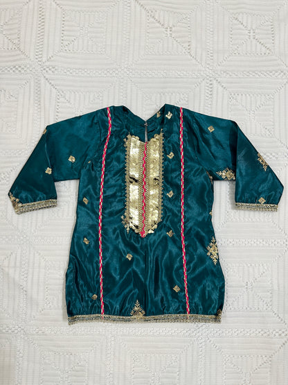 💚 Sea Green Fancy Silk Shirt with Pink Silk Gharara and Fancy Net Dupatta