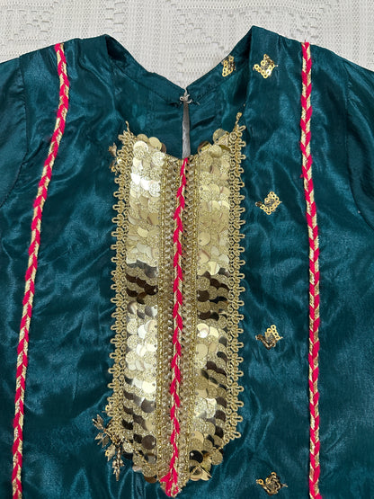 💚 Sea Green Fancy Silk Shirt with Pink Silk Gharara and Fancy Net Dupatta