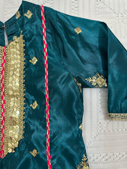 💚 Sea Green Fancy Silk Shirt with Pink Silk Gharara and Fancy Net Dupatta