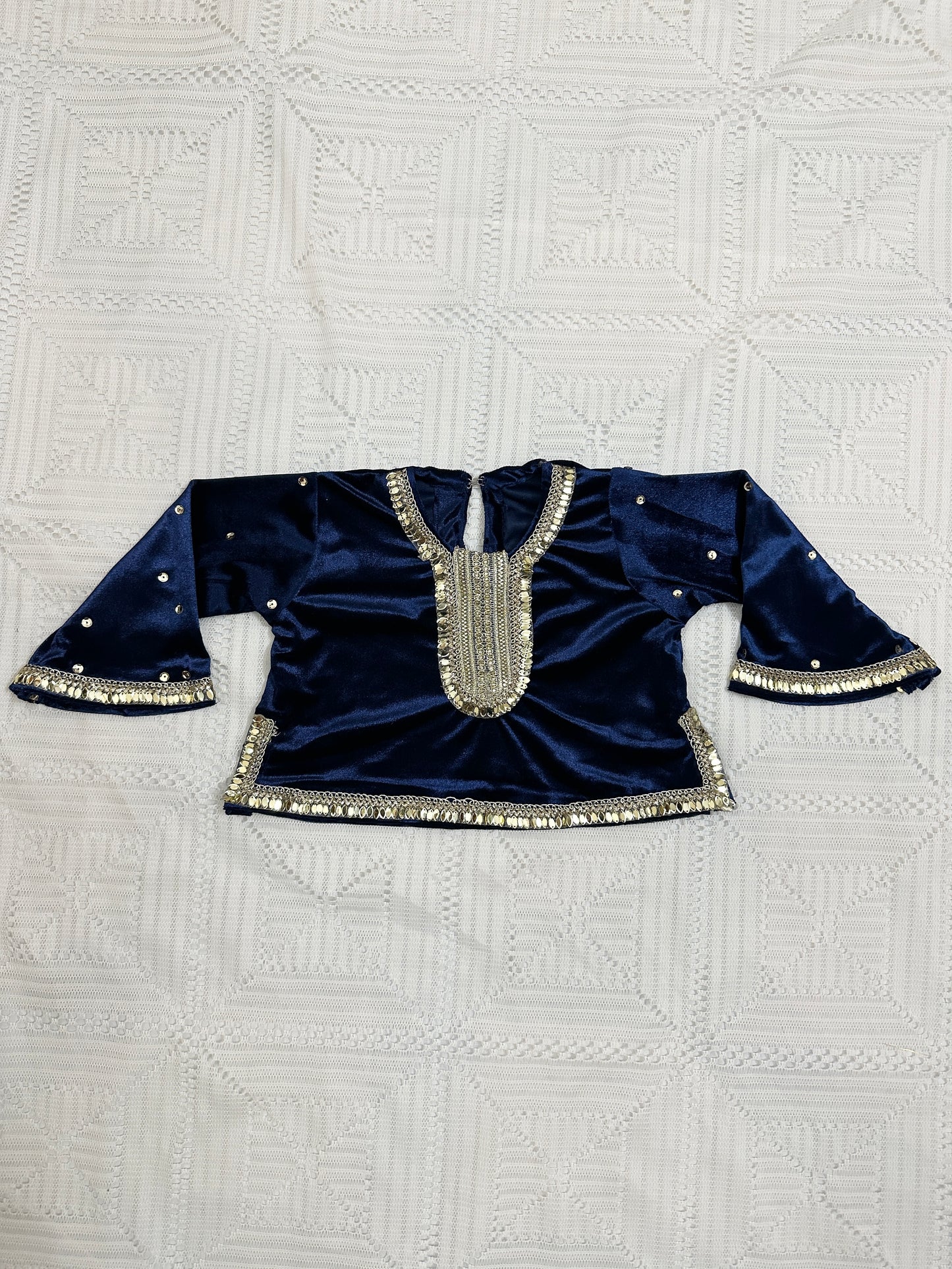 💙Blue Velvet Choli with Golden Jamawar Lehenga and Net Dupatta