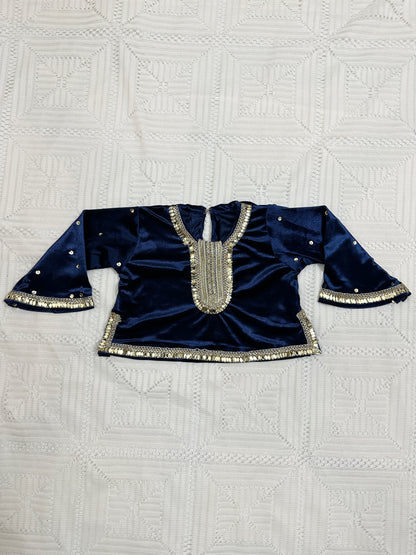 💙Blue Velvet Choli with Golden Jamawar Lehenga and Net Dupatta