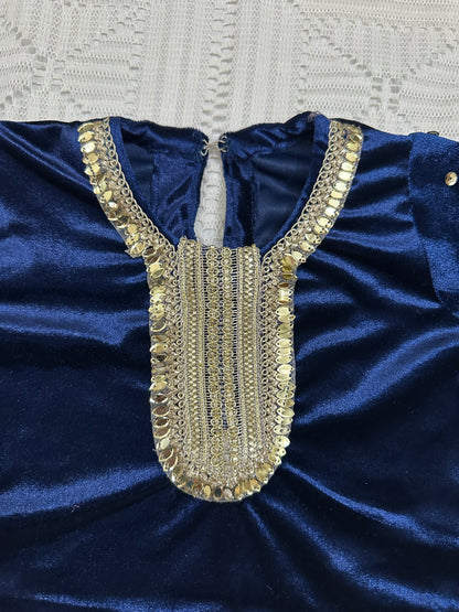 💙Blue Velvet Choli with Golden Jamawar Lehenga and Net Dupatta