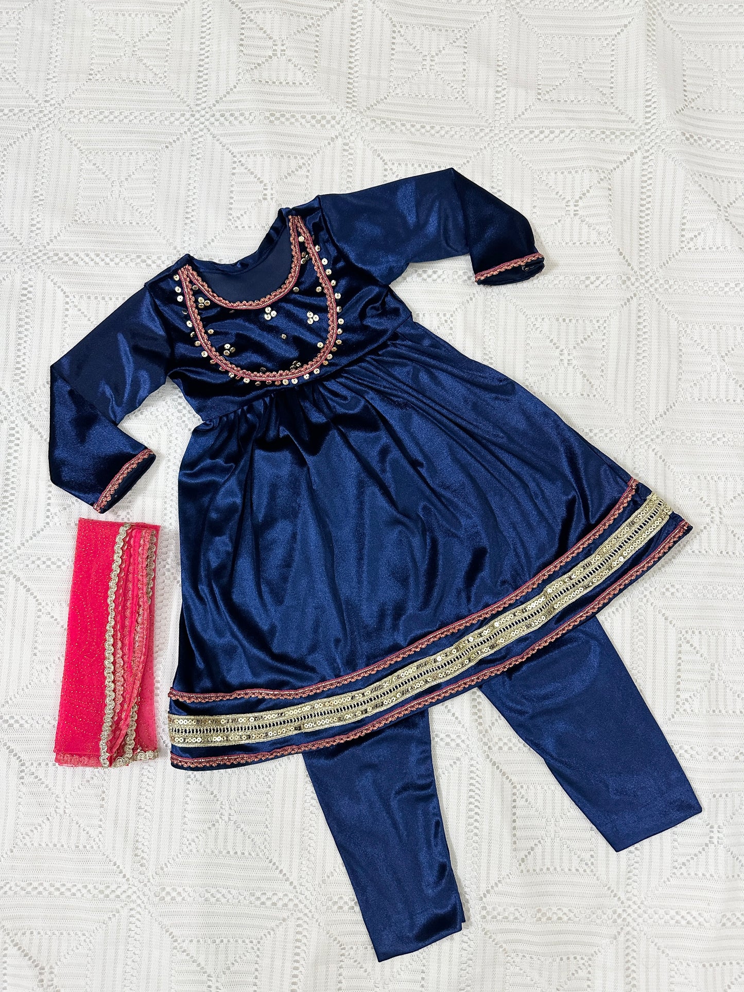 💙Blue Velvet Long Frock and Trouser with Pink Net Dupatta